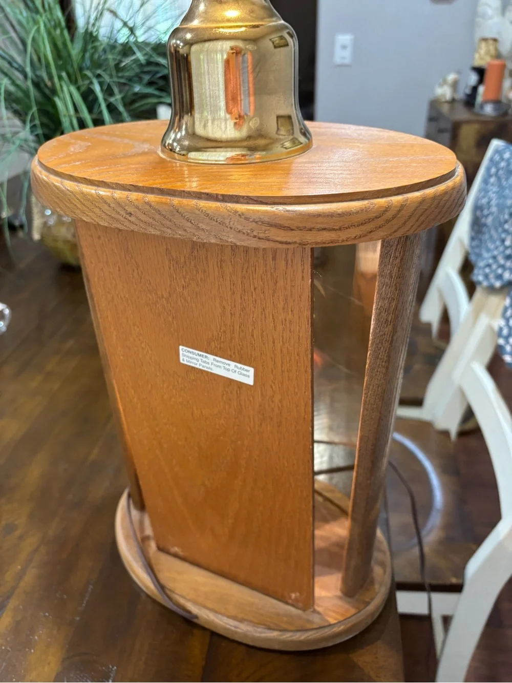 Don Ward 1970's Etched Amber Glass and Wood Lantern Table Lamp -  No shade
